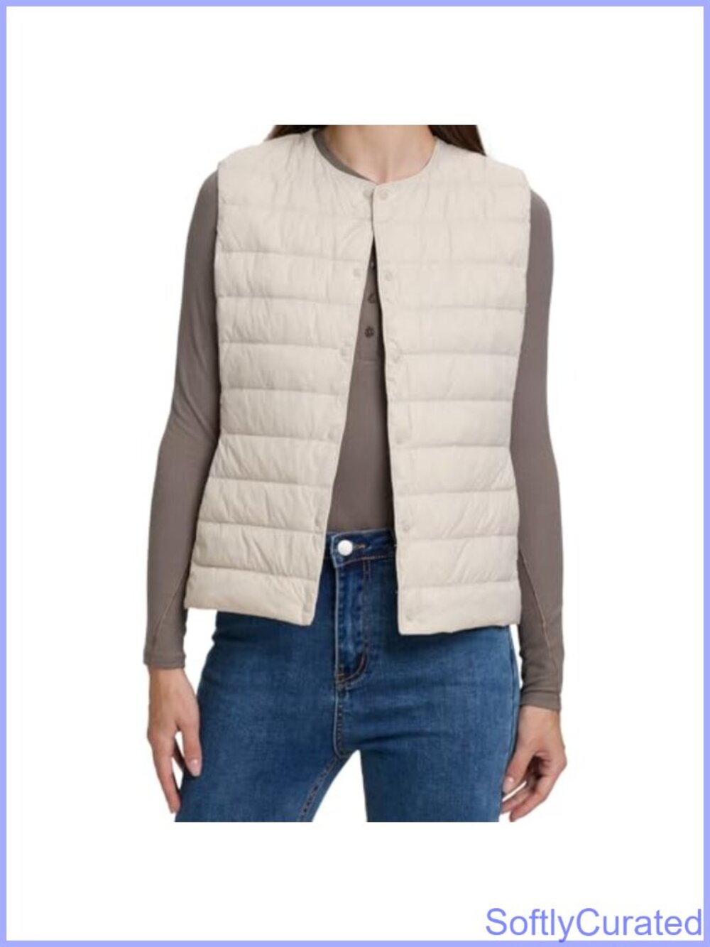 Quilted Lightweight Puffer Vest Foldable Collarless Snap Button